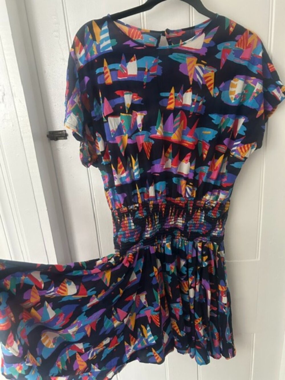 Vintage 80s 90s Ken Done Rainbow Sailboat All Over Print Dress Coverup US Made